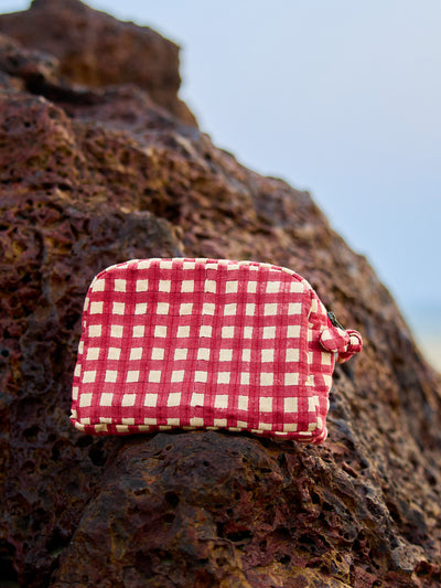 Sustainable Quilted Cotton Travel Pouch Set l Red Checks Classic Organiser Set