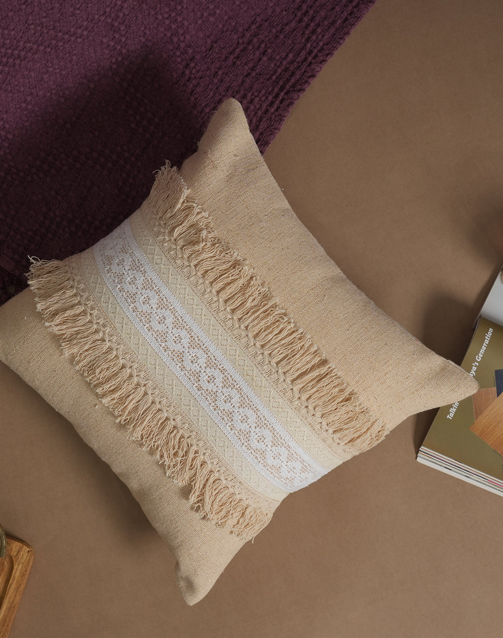 Set Of 2 - Beige Lurex Embellishment Cushion Cover - 16"X16"