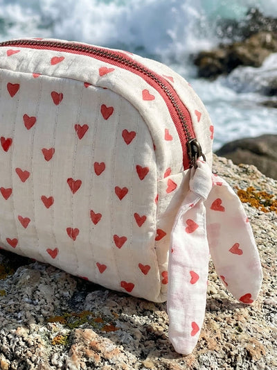 Red Hearts on White Quilted Cotton Travel Pouch