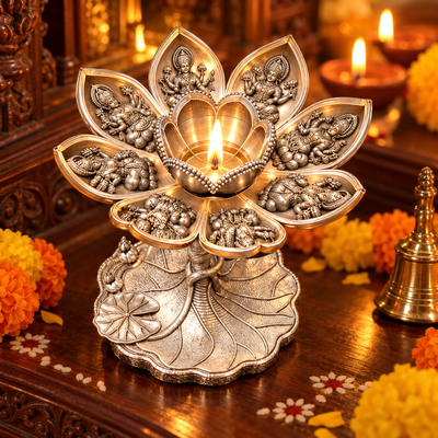 Ashtadal Ashtalakshmi Diya lit on a wooden mandir with marigolds and a brass bell, design render