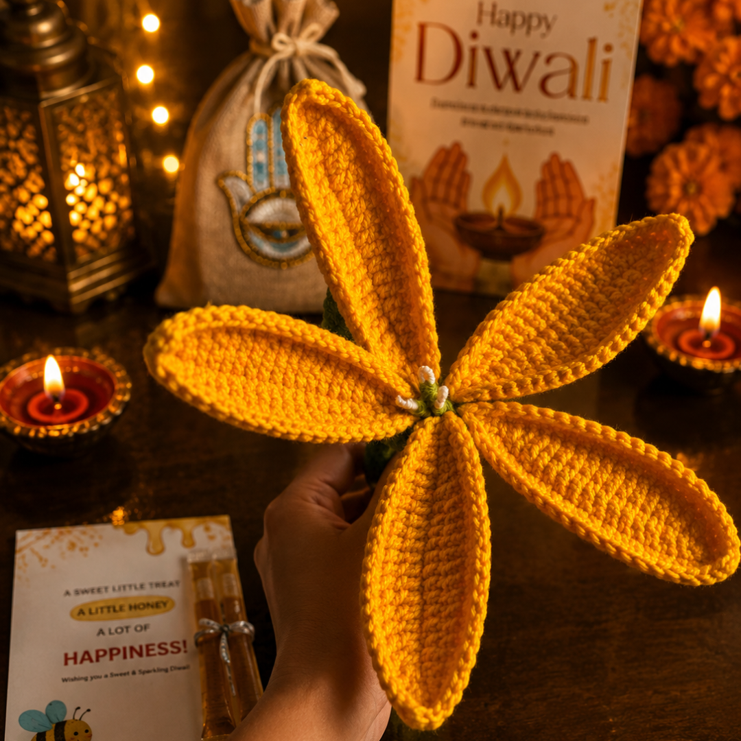 Sunshine Crochet Tulip Candle Gift Hamper – Elegant Diwali Gift - https://artecasa.in/