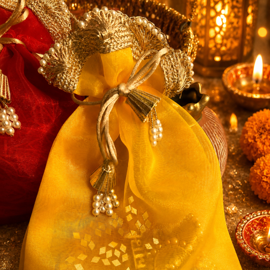 Rangoli Pink & Festive Potli Gift Basket | Shubh Labh & Almonds Diwali Hamper - https://artecasa.in/