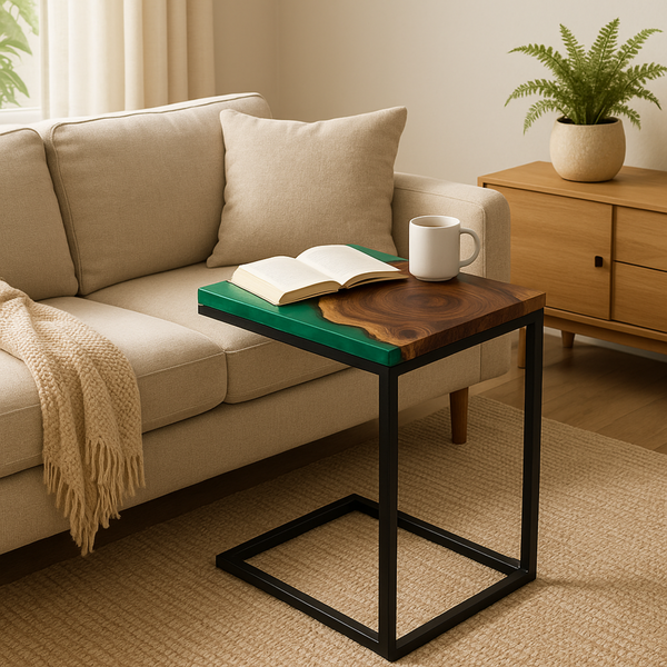 Teak Wood Epoxy End Table – Green Resin Finish