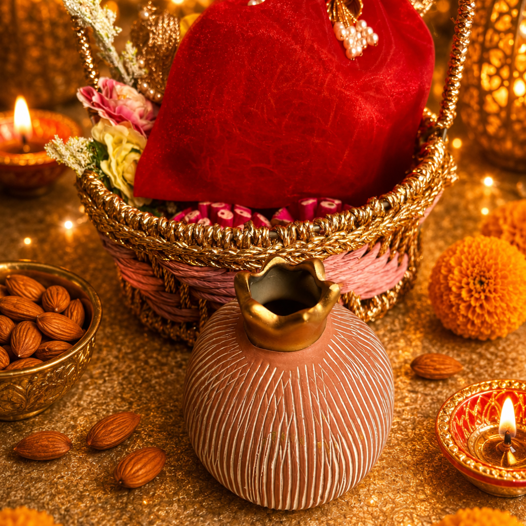 Rangoli Pink & Festive Potli Gift Basket | Shubh Labh & Almonds Diwali Hamper - https://artecasa.in/