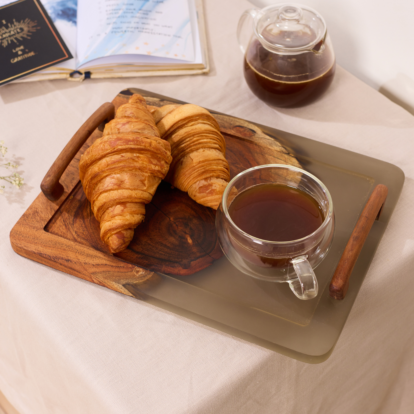 Wooden Tray with Handles – Acacia Wood, Translucent Grey Resin Finish