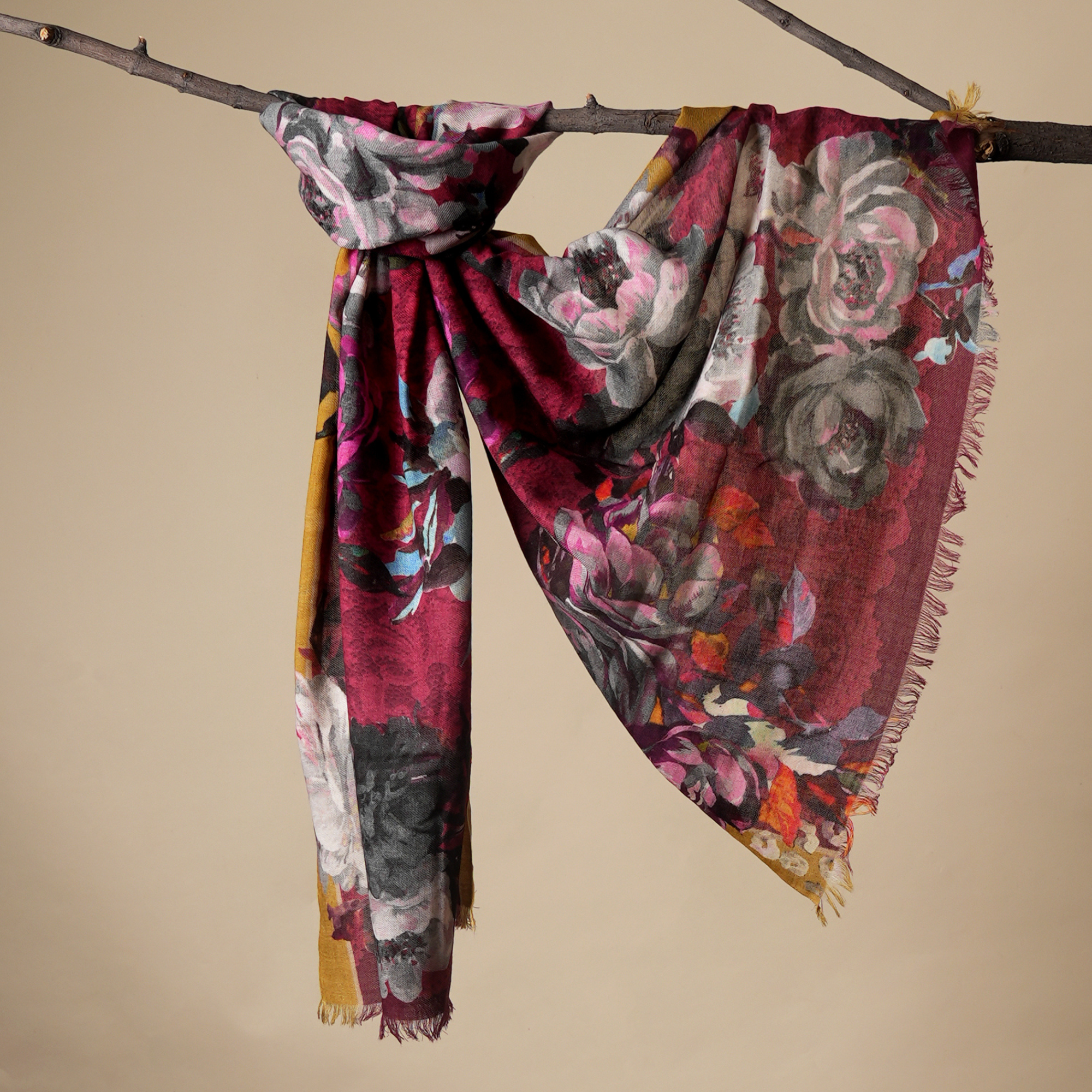 Crimson Bloom Fine Wool Stole
