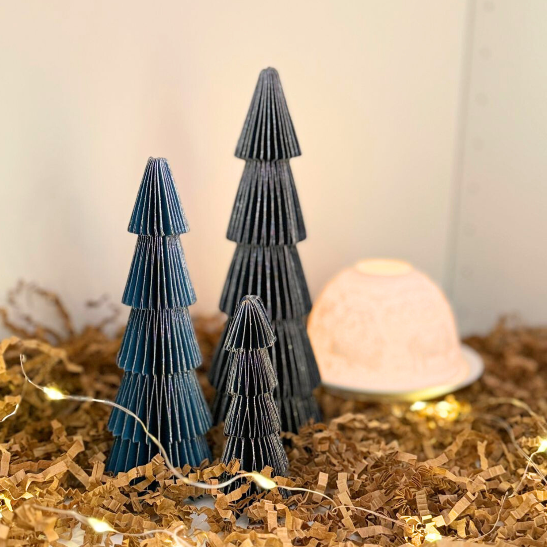 Blue Tree with silver glitter edging Set of 3