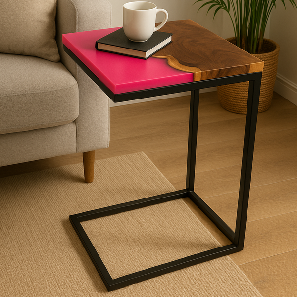 Teak Wood Epoxy End Table – Pink Resin Finish
