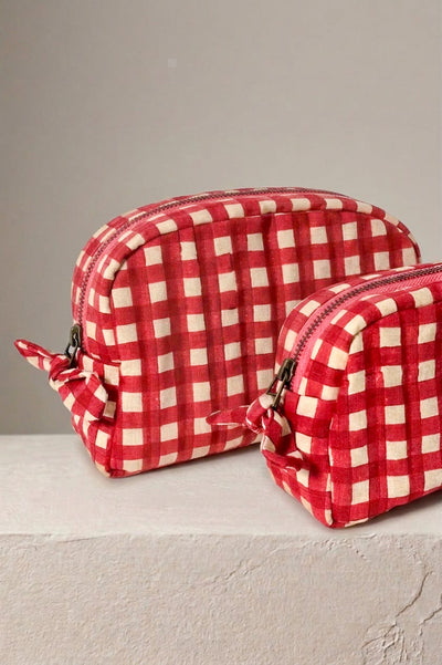 Sustainable Quilted Cotton Travel Pouch Set l Red Checks Classic Organiser Set