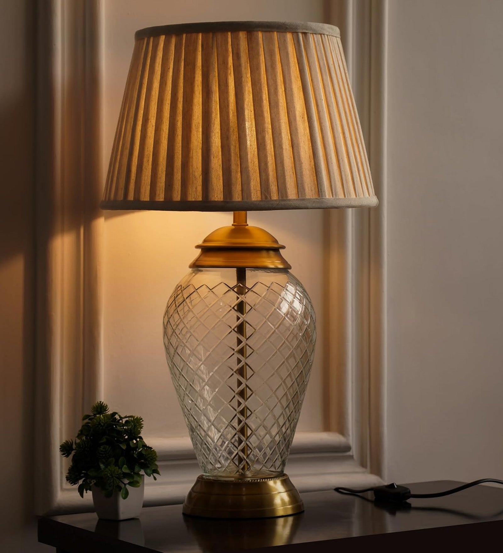Diamond-Cut Glass Table Lamp, Antique Brass (23") – Pleated Shade