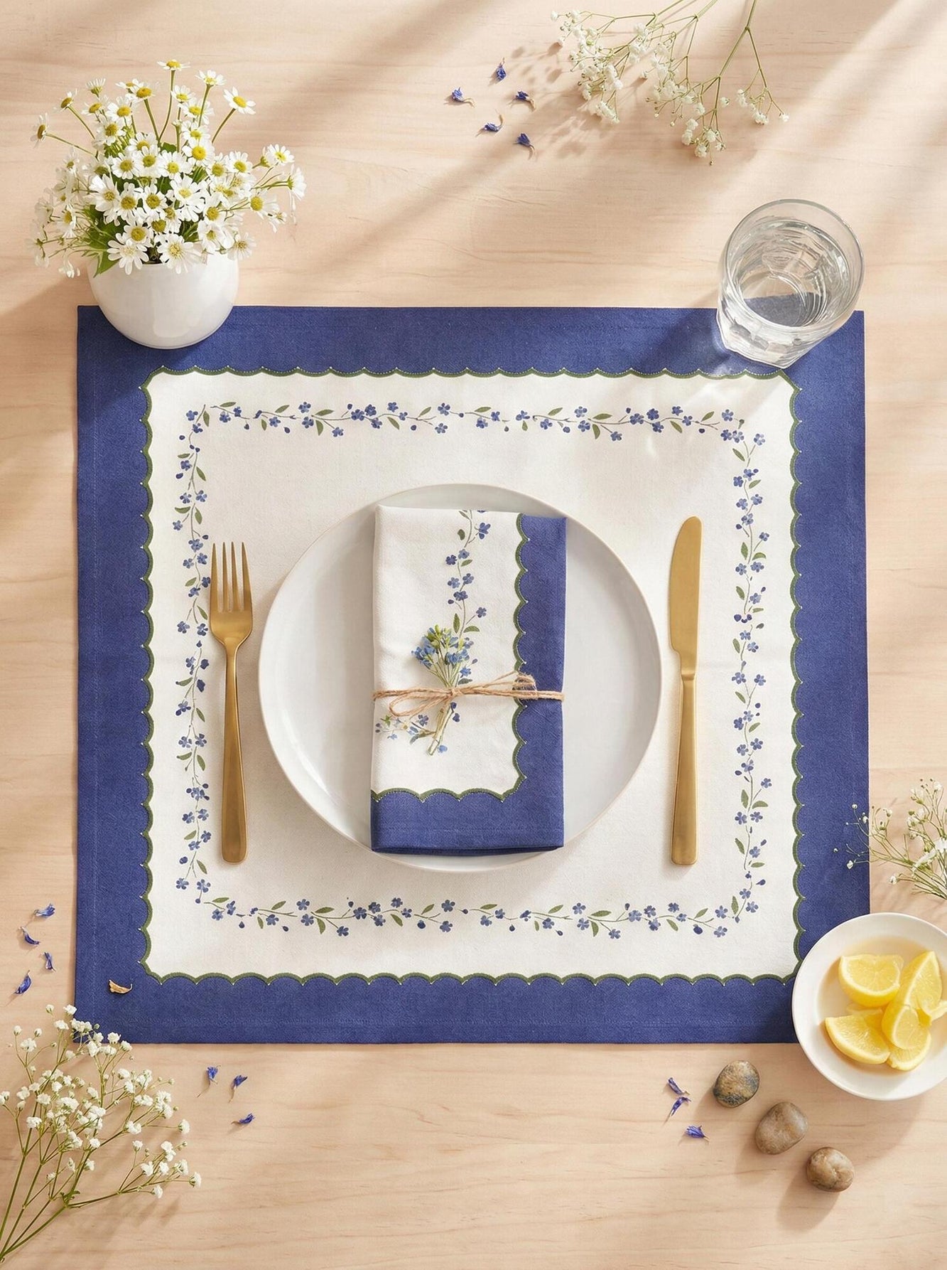 Blue Meadow Scallop Printed Cotton Napkins