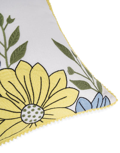 Set Of 2 - Off White Floral Embroidery Cotton Cushion Cover  - 16"X16"