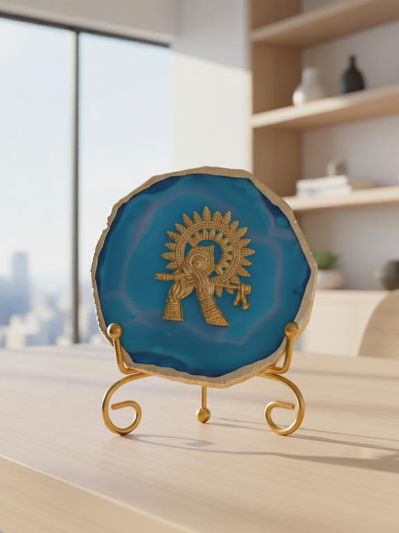 Agate Metal Krishna Decorative Plate with Stand