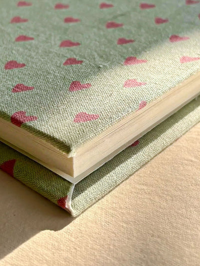 Handcrafted Sustainable A5 Diary Journal Notebook l Handmade Paper l Pink Hearts on Green