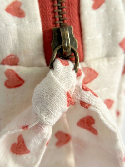 Red Hearts on White Quilted Cotton Travel Pouch