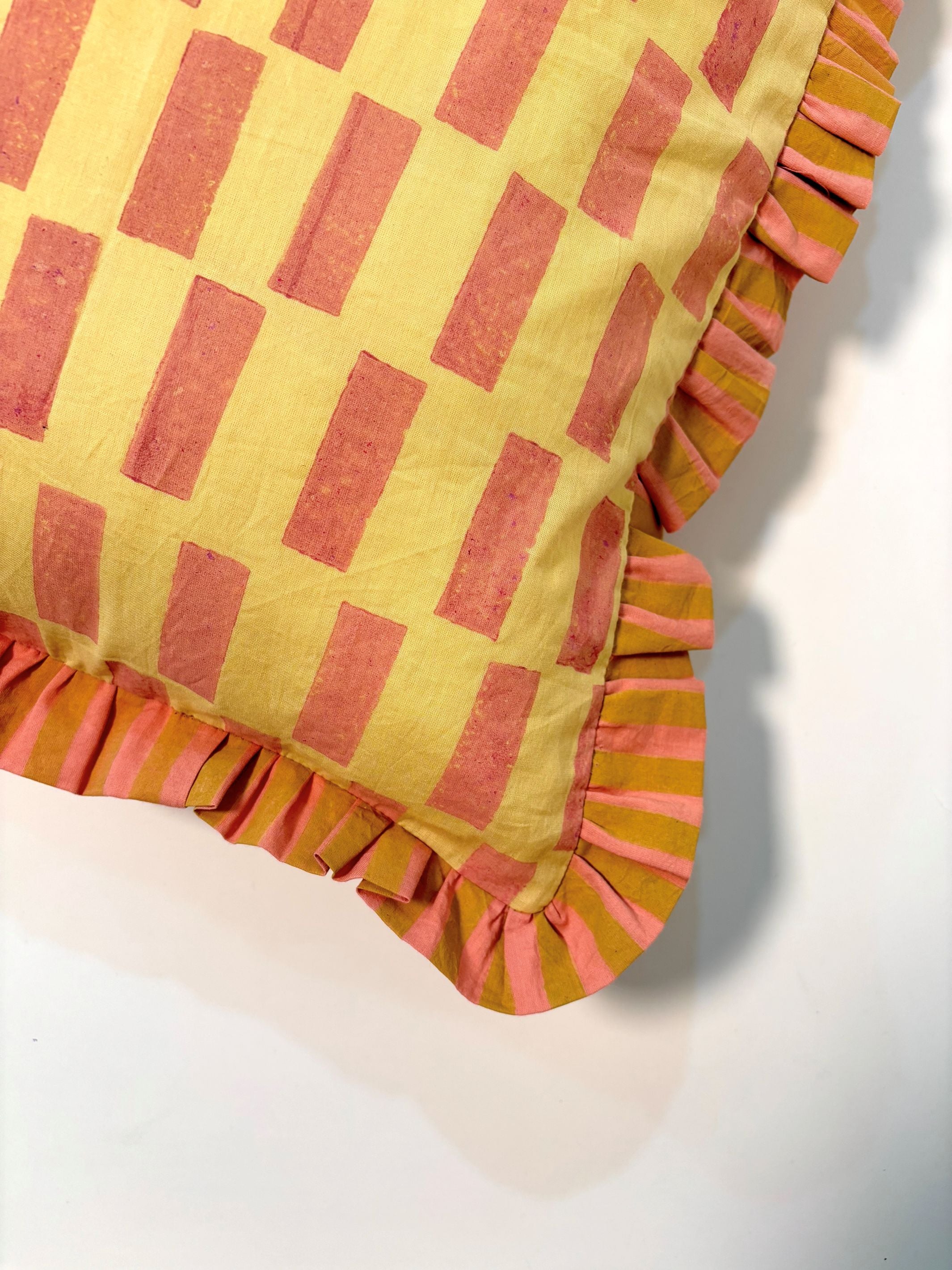 Stripe Break Cotton Ruffle Cushion Cover l Mustard & Peach