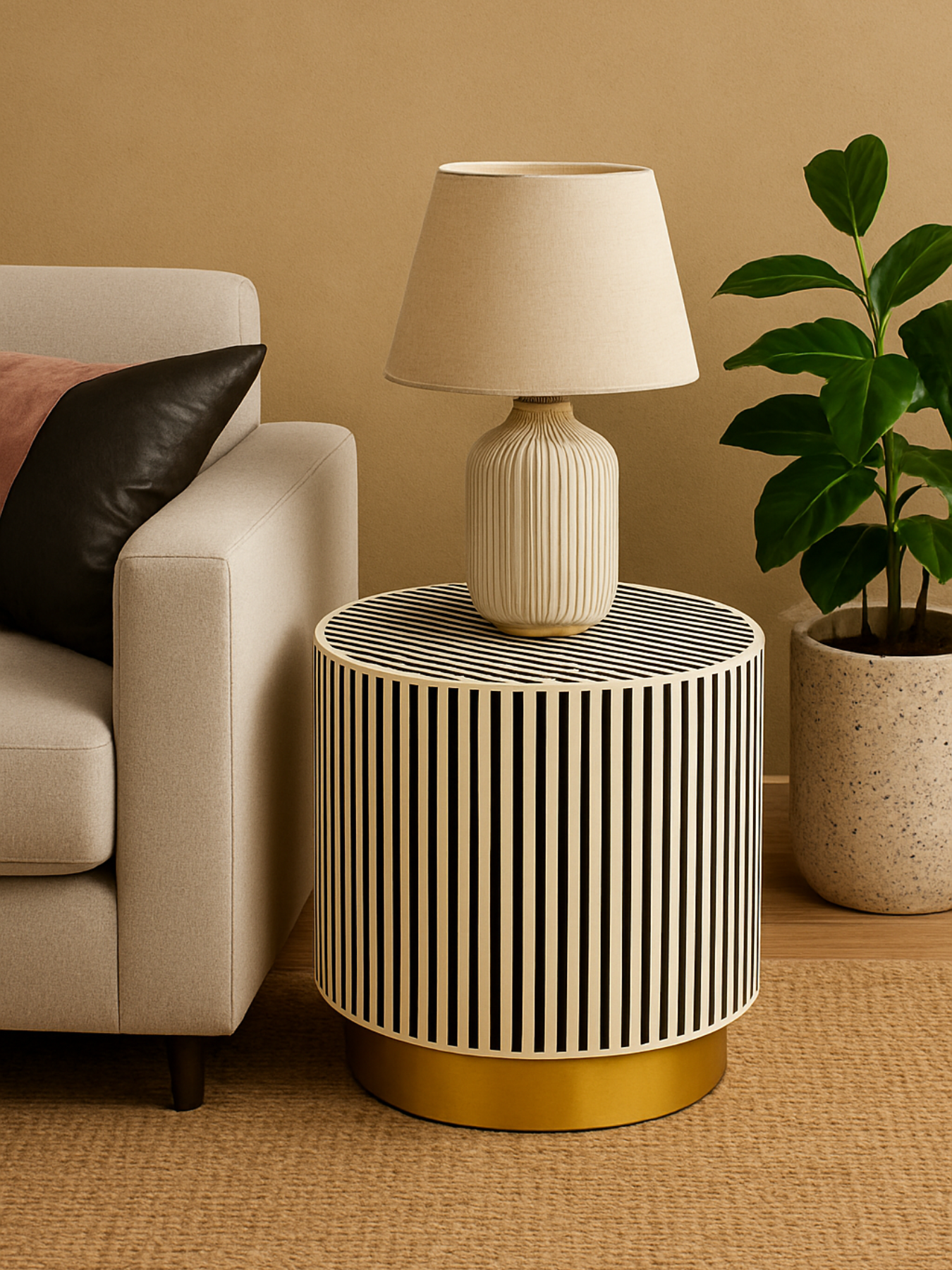 Inlay Drum Side Table with Base - Waterfall