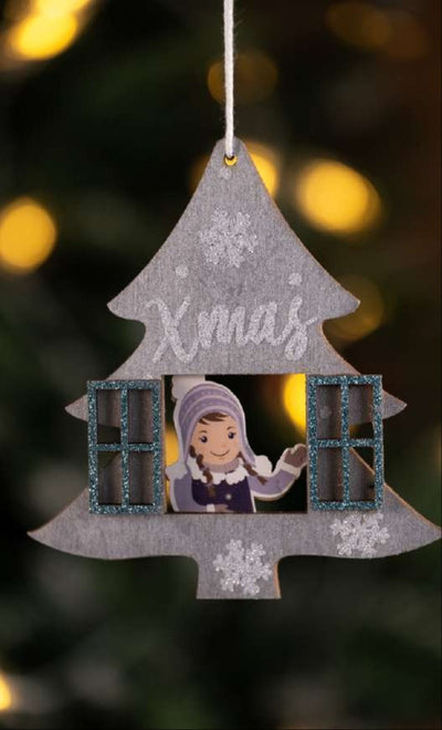 Grey Wooden Christmas Tree Hanging Ornament with Girl in Window_CC48