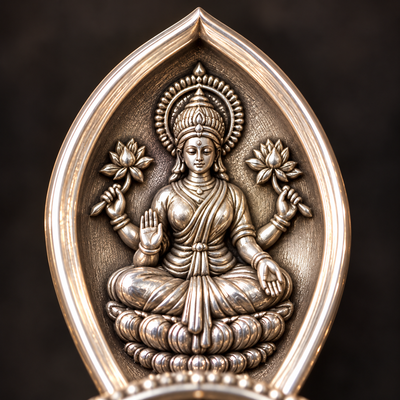 Close-up of one petal of the Ashtadal diya with Lakshmi seated on a lotus, design render