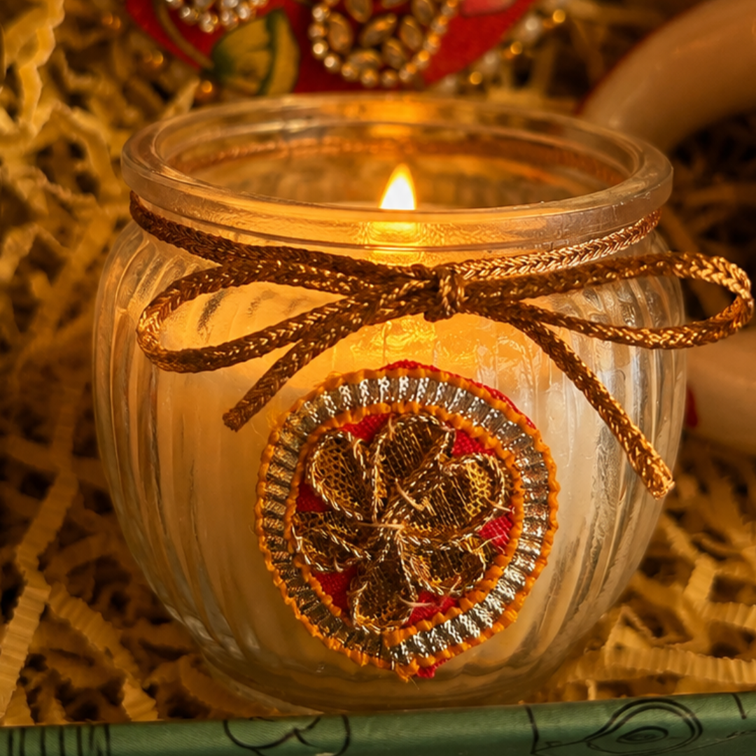 Rangoli Multicolor Jute Gift Basket | Mata Laxmi Charan, Shubh Labh & Candle - https://artecasa.in/