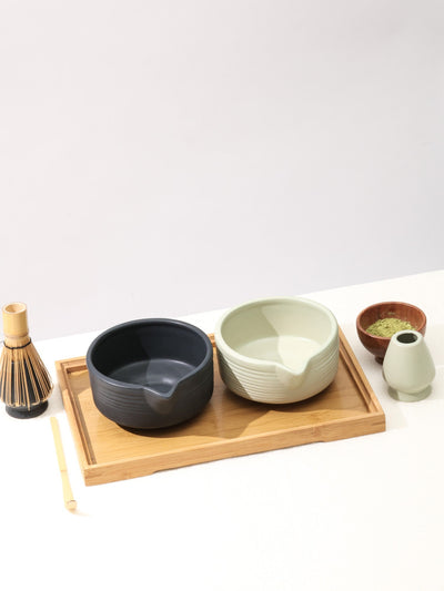Matcha Tea Mixing Bowl & Whisk Holder Set - Ribbed Design