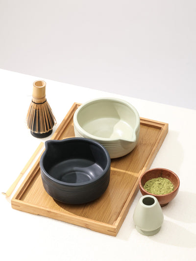 Matcha Tea Mixing Bowl & Whisk Holder Set - Ribbed Design