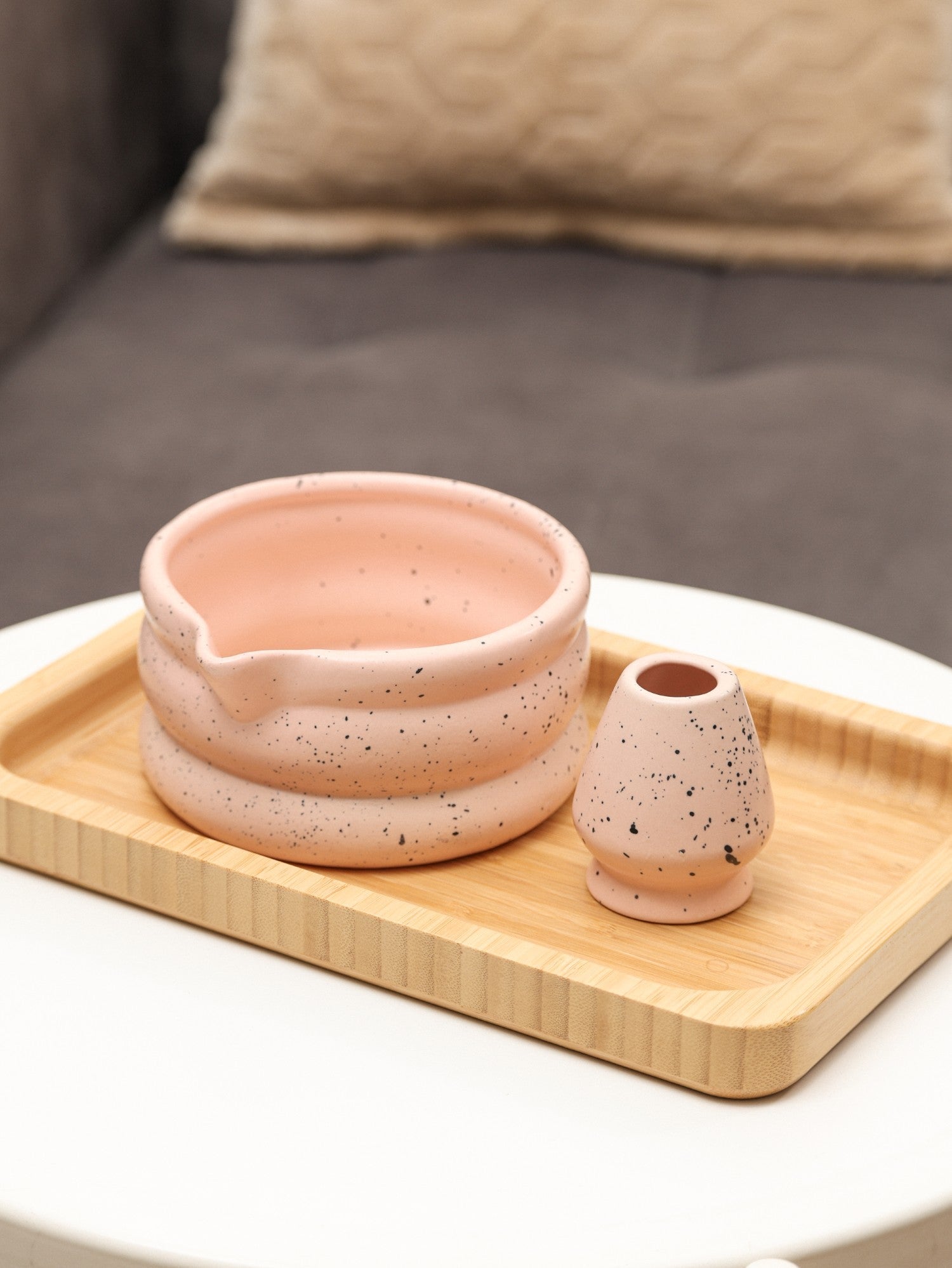 Matcha Tea Mixing Bowl & Whisk Holder Set - Speckled Design