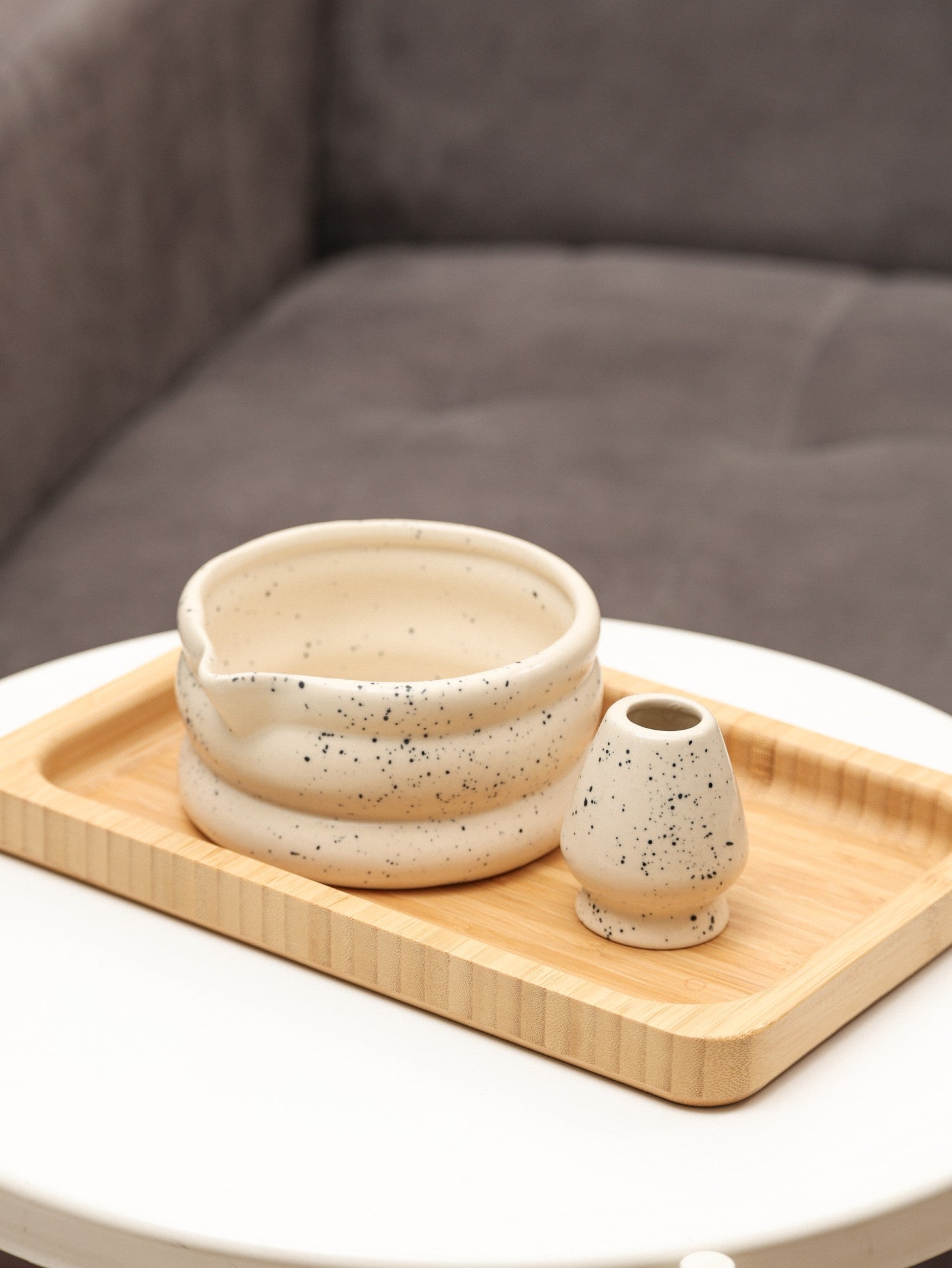 Matcha Tea Mixing Bowl & Whisk Holder Set - Speckled Design
