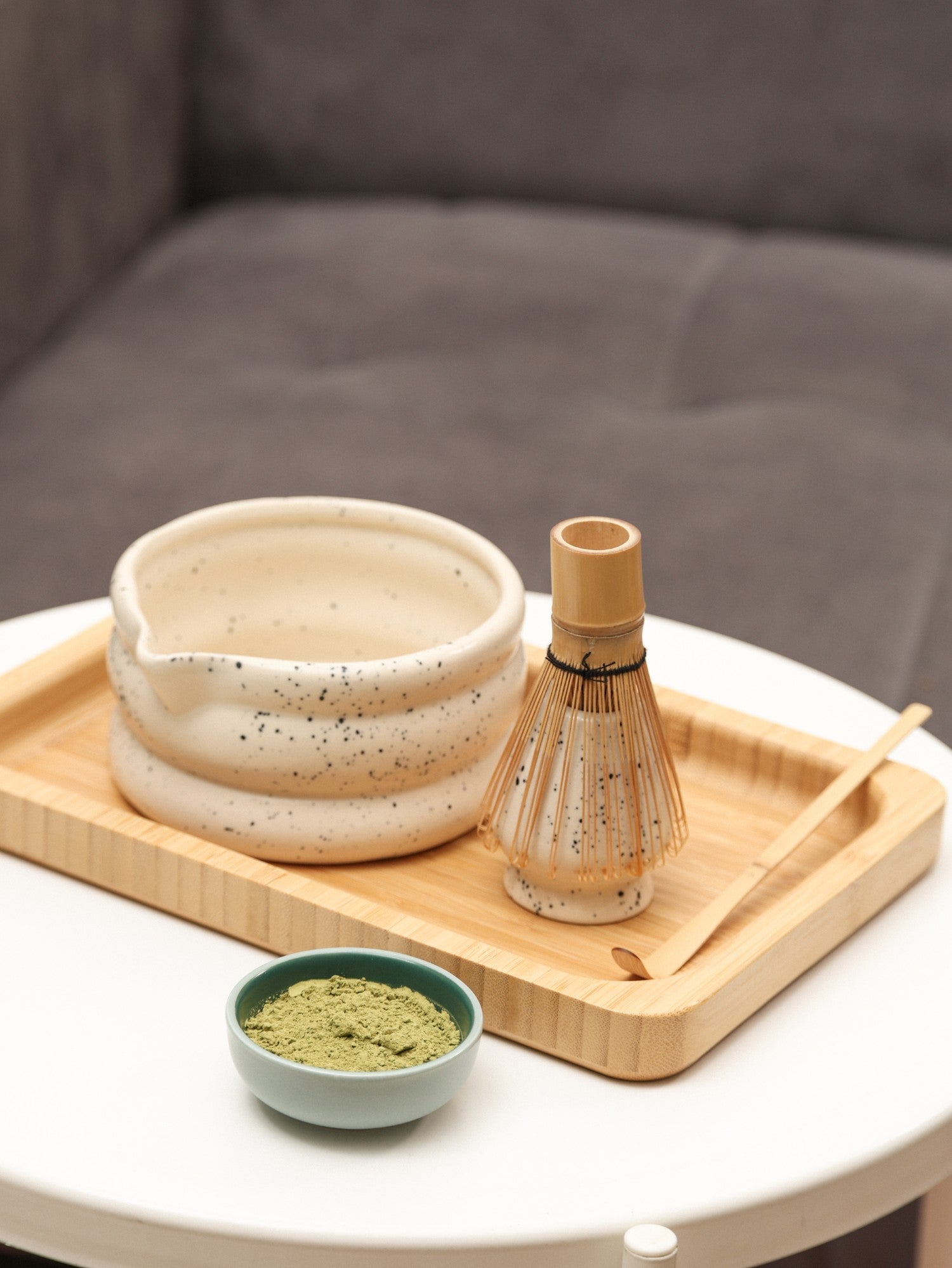 Matcha Tea Mixing Bowl & Whisk Holder Set - Speckled Design
