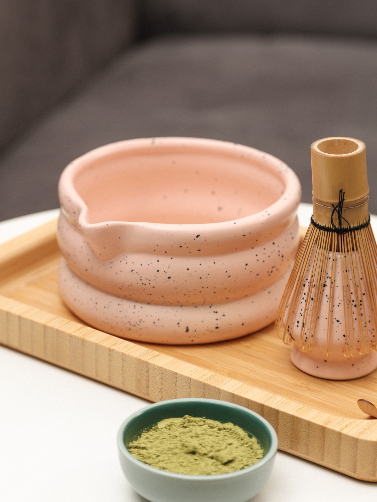 Matcha Tea Mixing Bowl & Whisk Holder Set - Speckled Design
