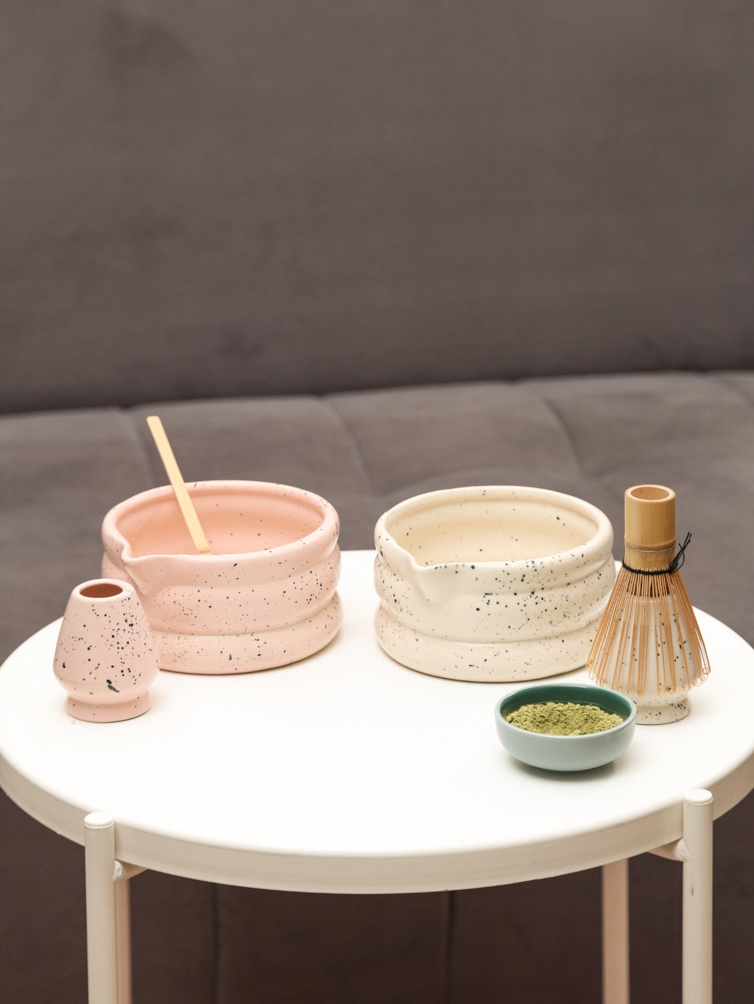 Matcha Tea Mixing Bowl & Whisk Holder Set - Speckled Design