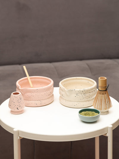 Matcha Tea Mixing Bowl & Whisk Holder Set - Speckled Design