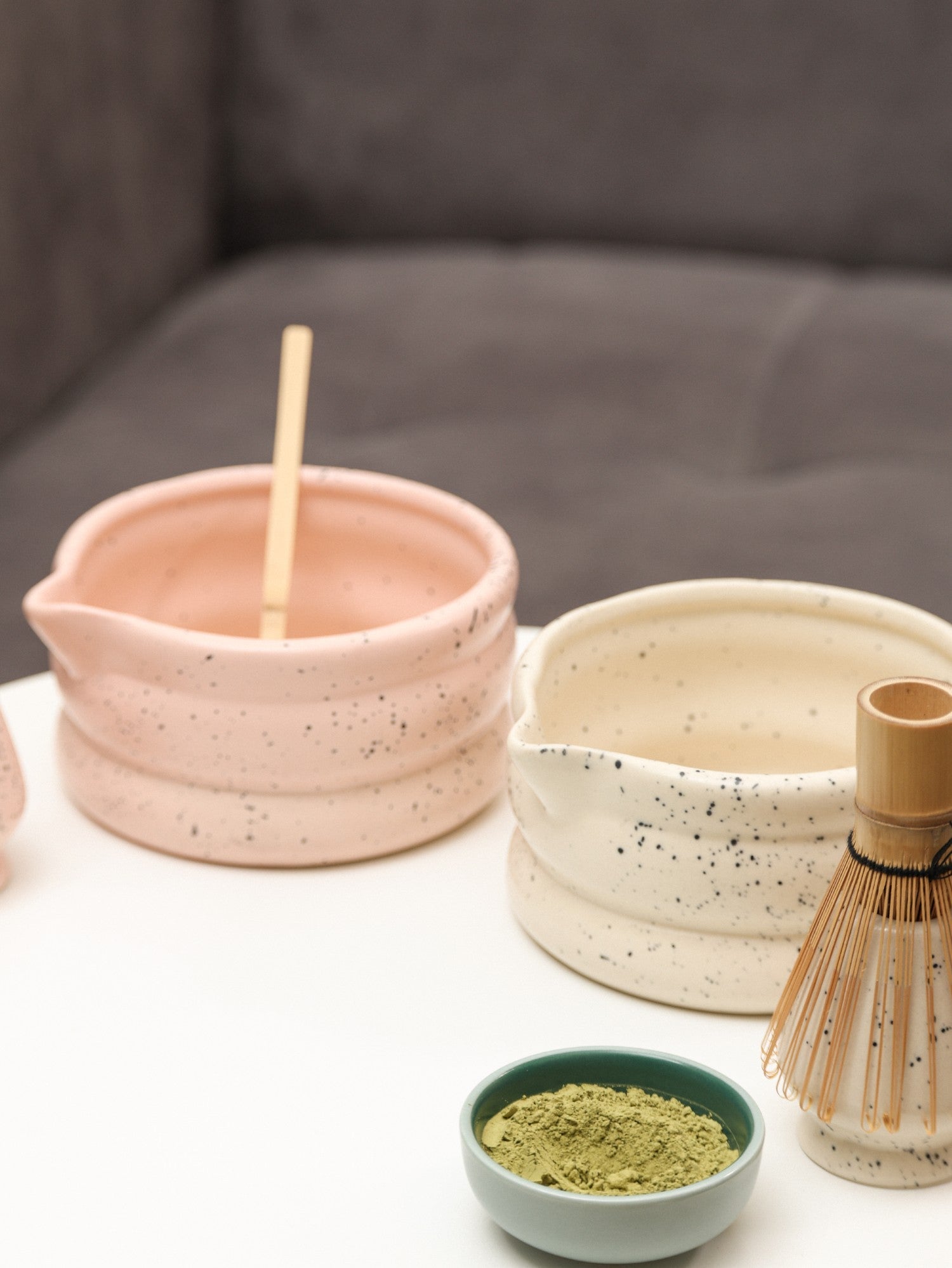 Matcha Tea Mixing Bowl & Whisk Holder Set - Speckled Design