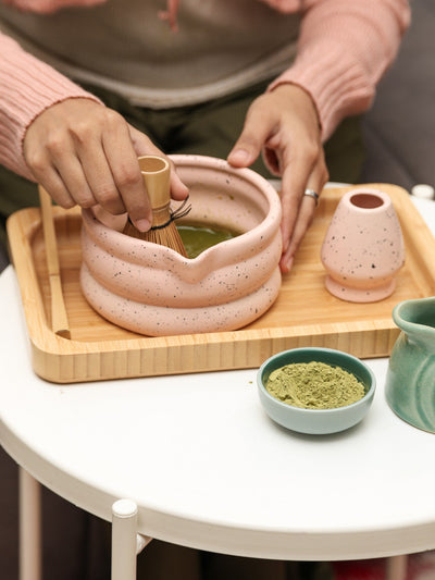 Matcha Tea Mixing Bowl & Whisk Holder Set - Speckled Design
