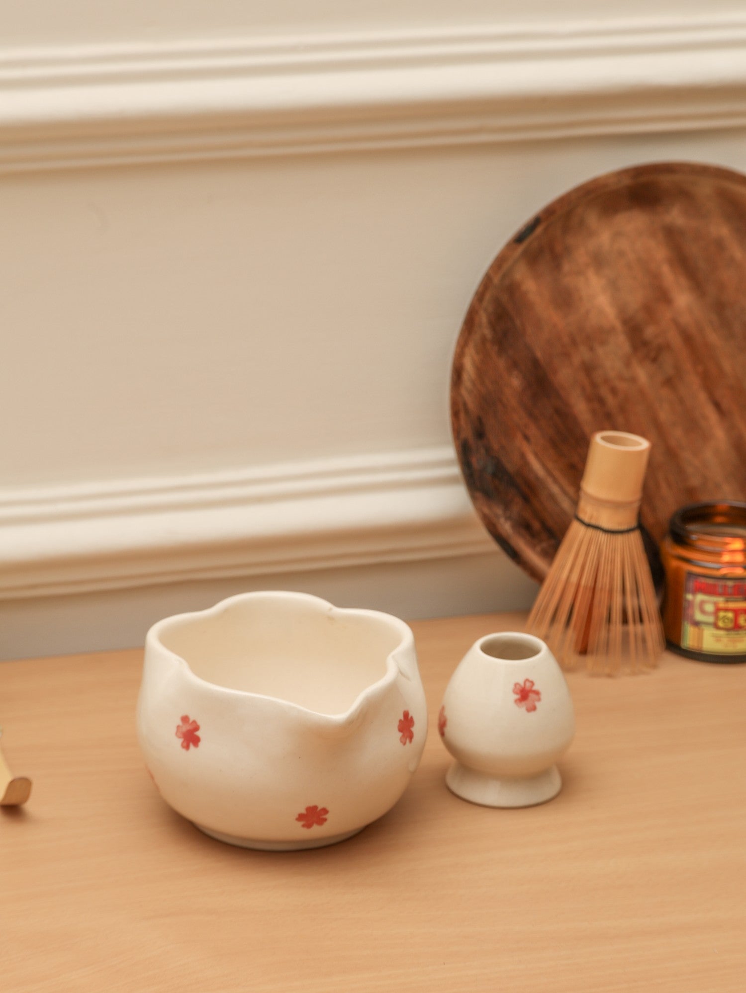 Matcha Tea Mixing Bowl & Whisk Holder Set - Floral Design