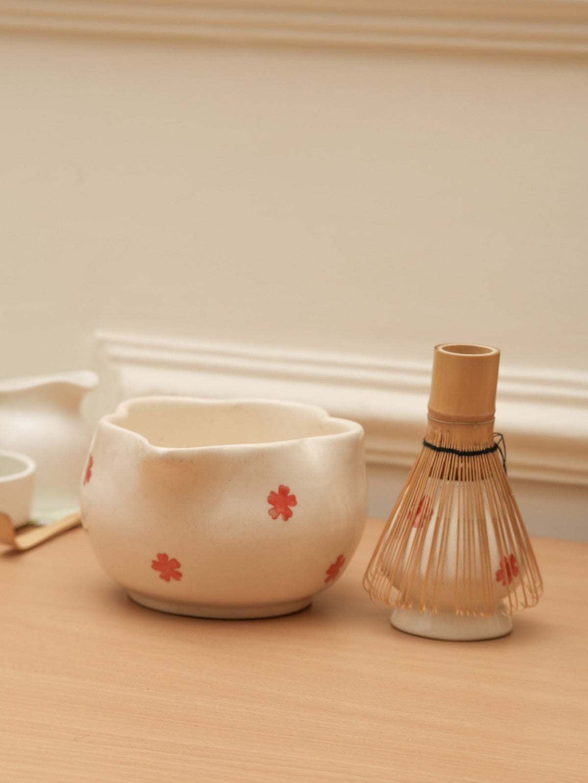 Matcha Tea Mixing Bowl & Whisk Holder Set - Floral Design