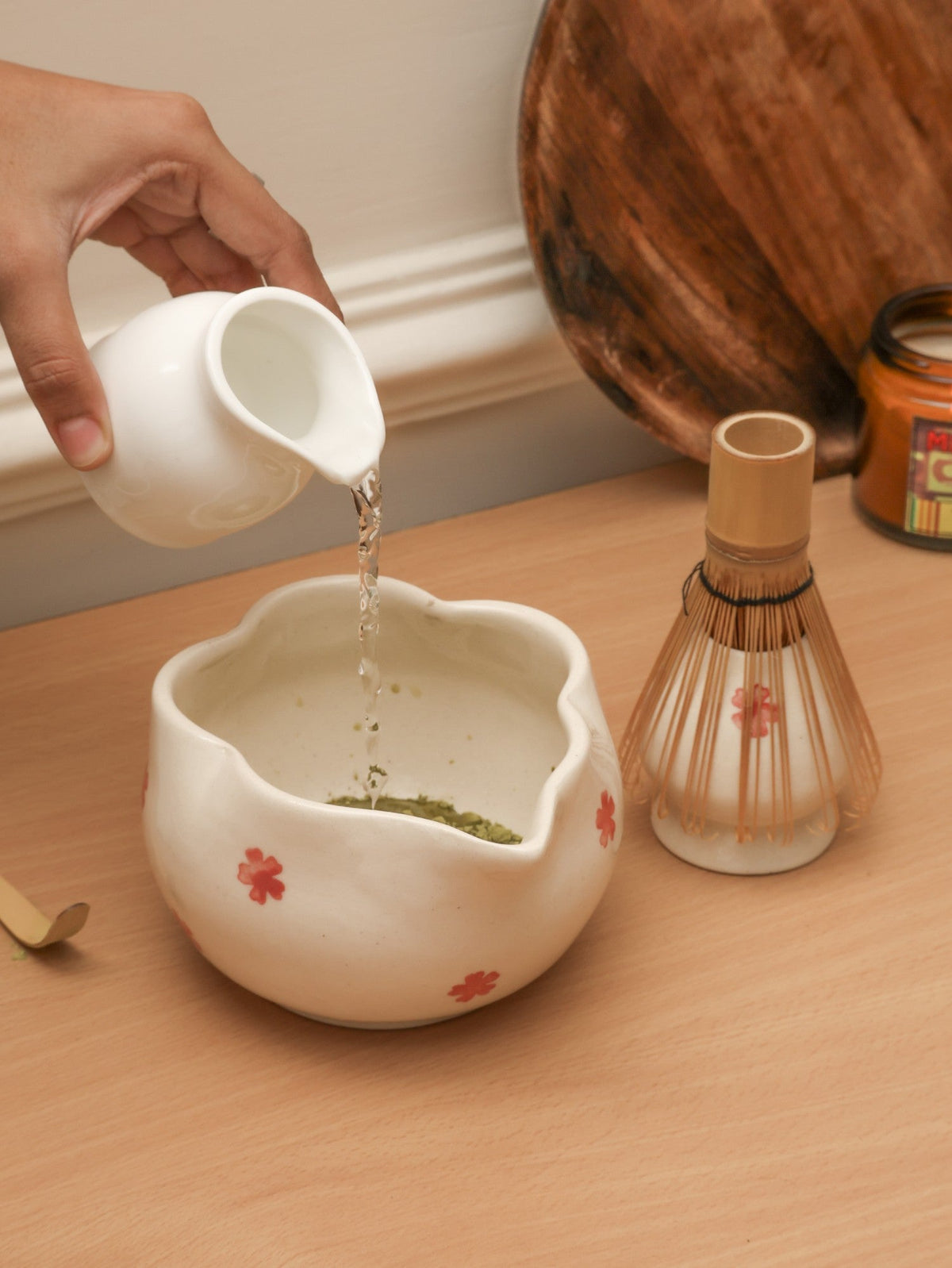 Matcha Tea Mixing Bowl & Whisk Holder Set - Floral Design