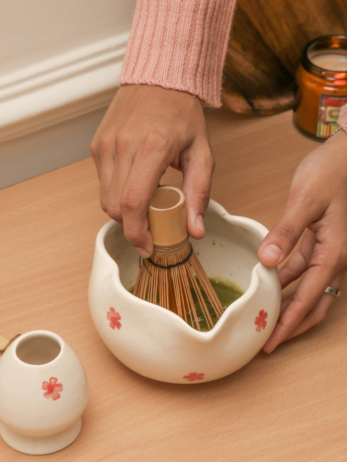 Matcha Tea Mixing Bowl & Whisk Holder Set - Floral Design