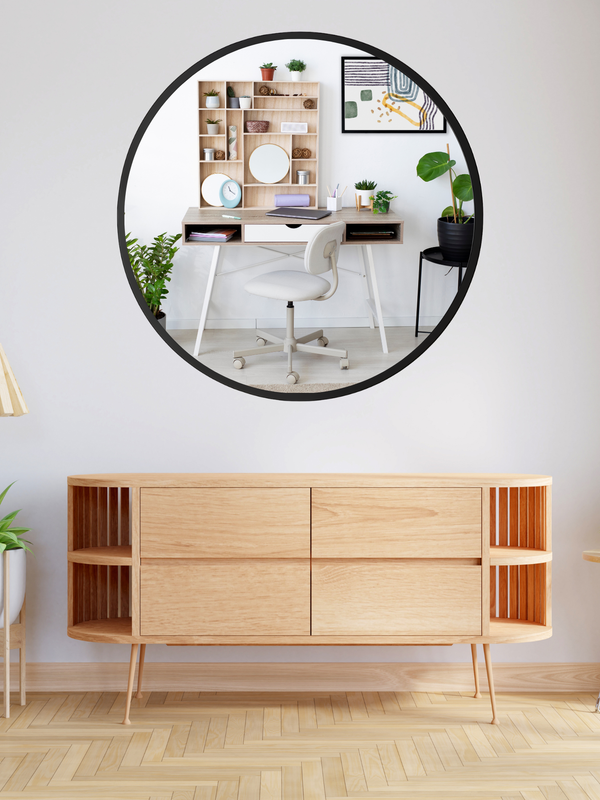 Black Round Mirror in Steel Frame