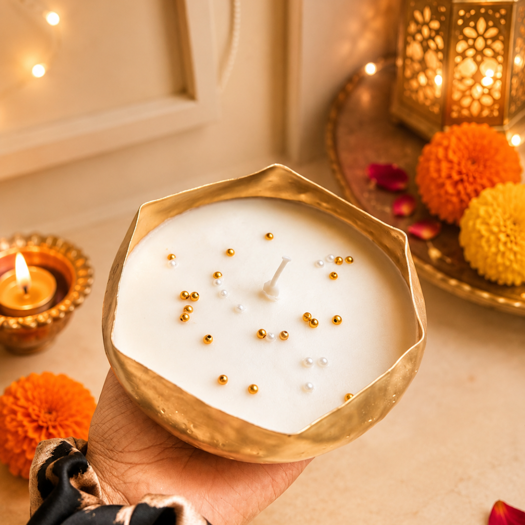 Ripple Glow Wavy Urli Candle | Oudh Saffron Diwali Candle - https://artecasa.in/