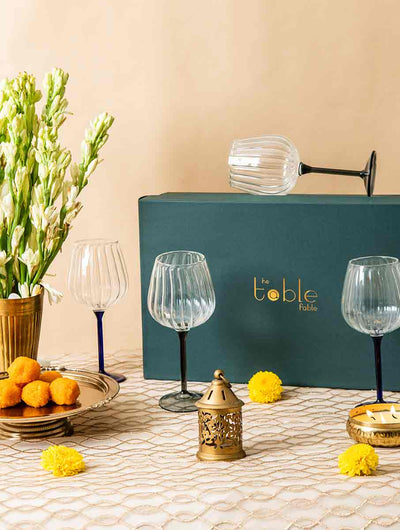 Ribbed Goblet Wine Glass Gift Box - Black Stem