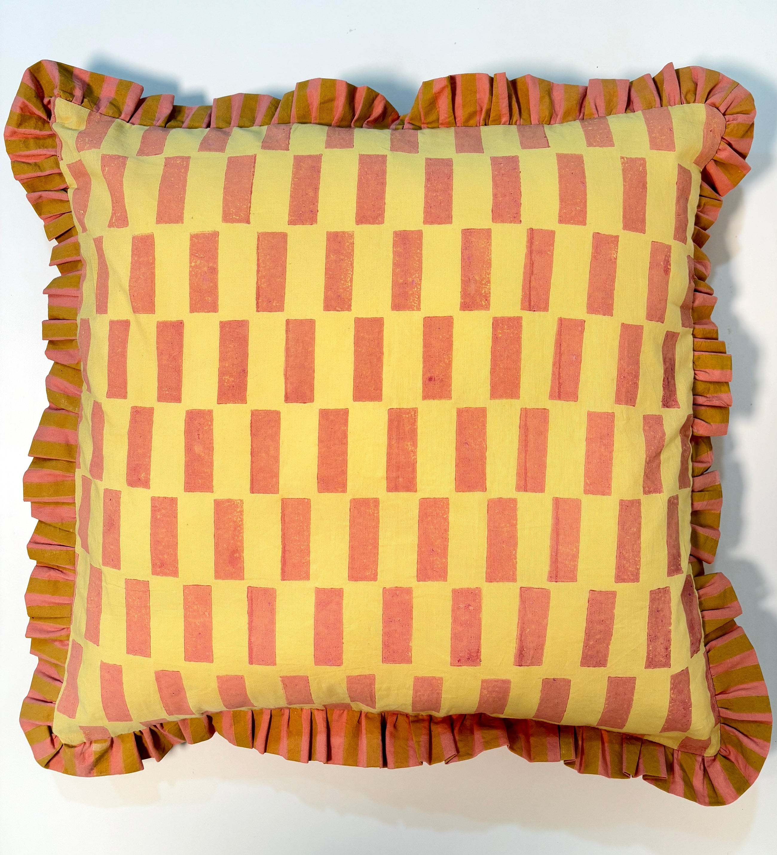 Stripe Break Cotton Ruffle Cushion Cover l Mustard & Peach