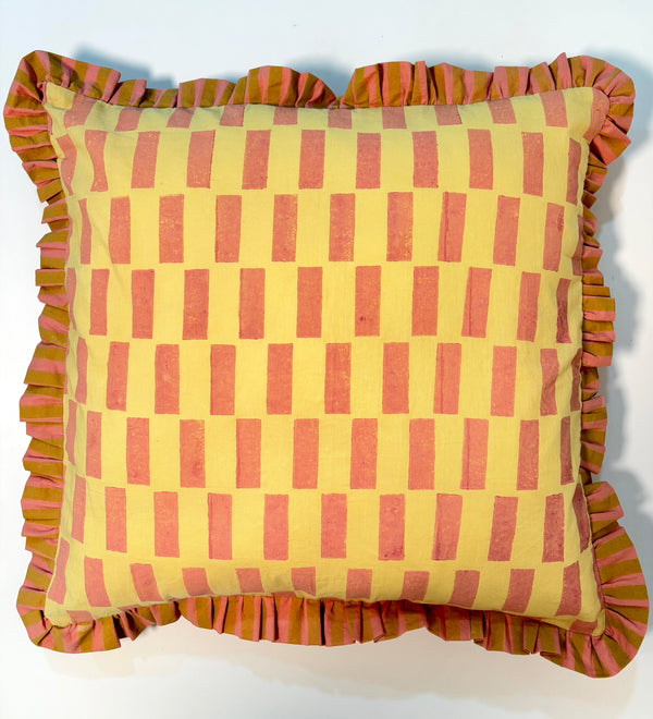 Stripe Break Cotton Ruffle Cushion Cover l Mustard & Peach