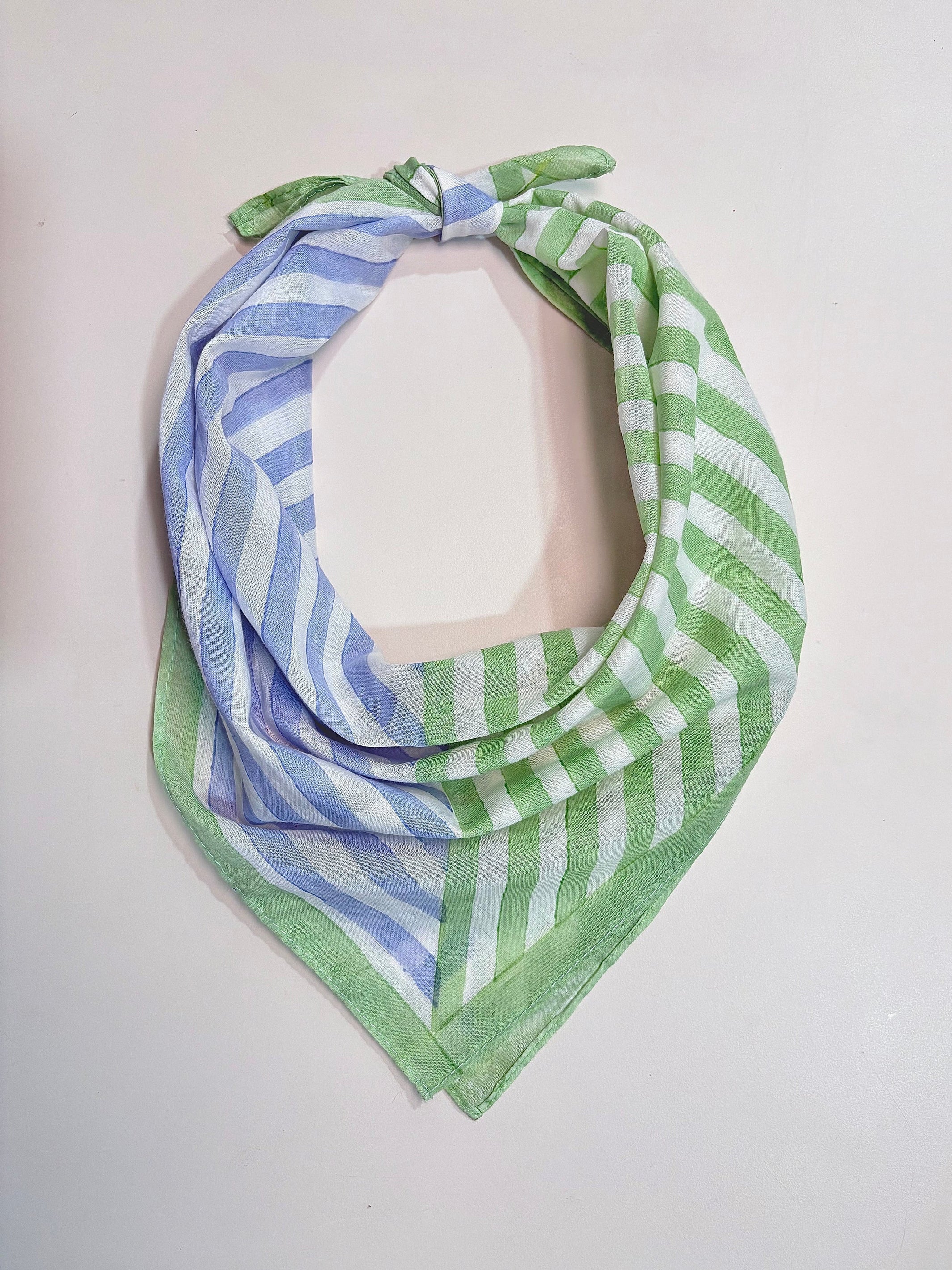 Blue & Green Stripes Bandana I Cotton Square Scarf