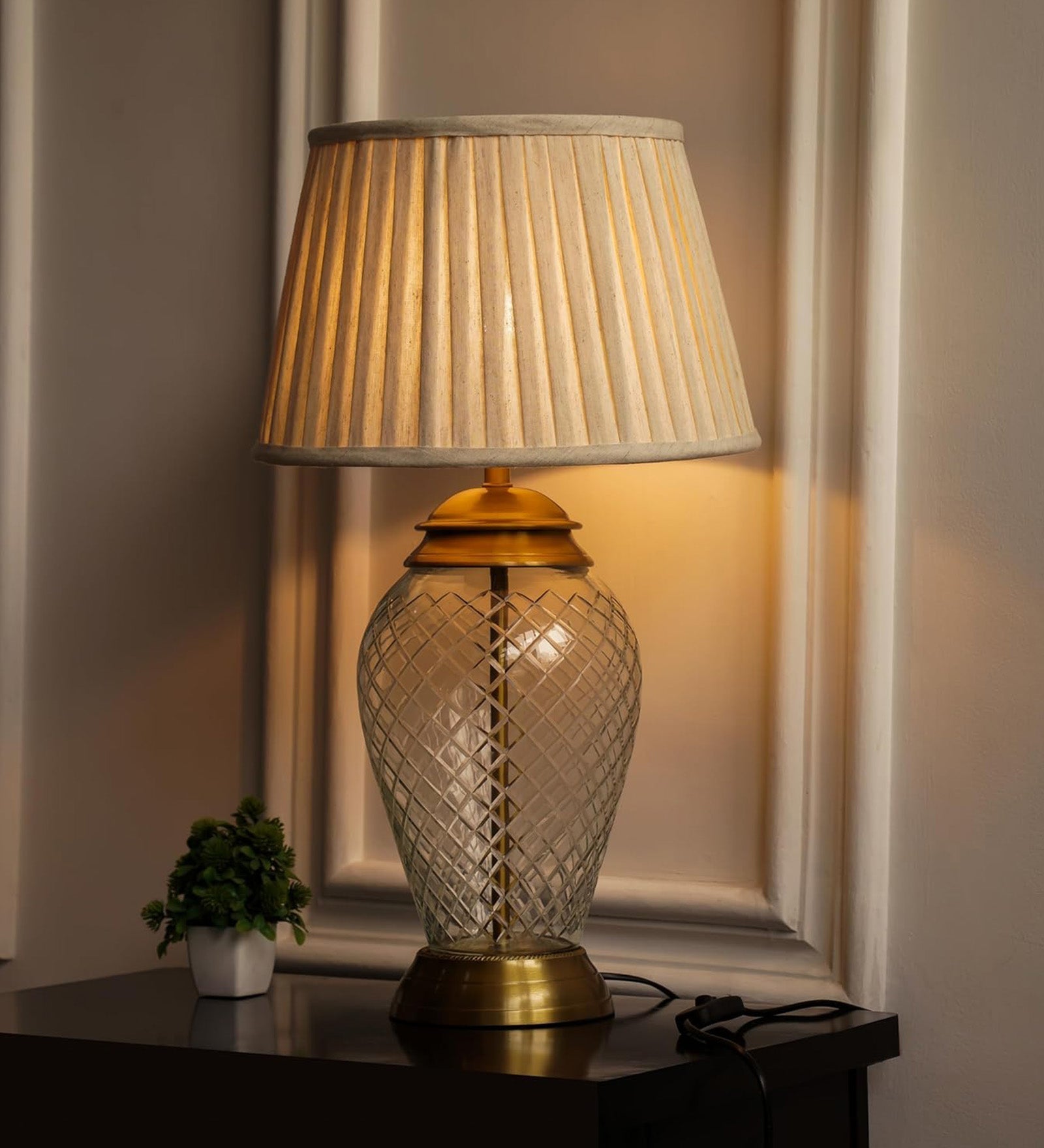 Diamond-Cut Glass Table Lamp, Antique Brass (23") – Pleated Shade