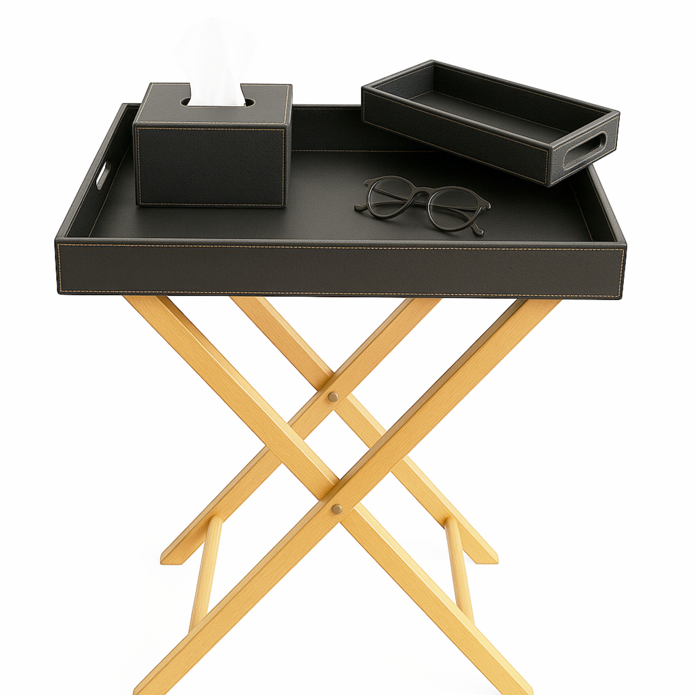 Pu Leather Foldable Tray with Metal Stand-Black