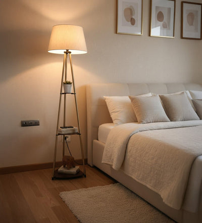 Antique Brass 3-Shelf Floor Lamp (5 ft) – 16″ Shade