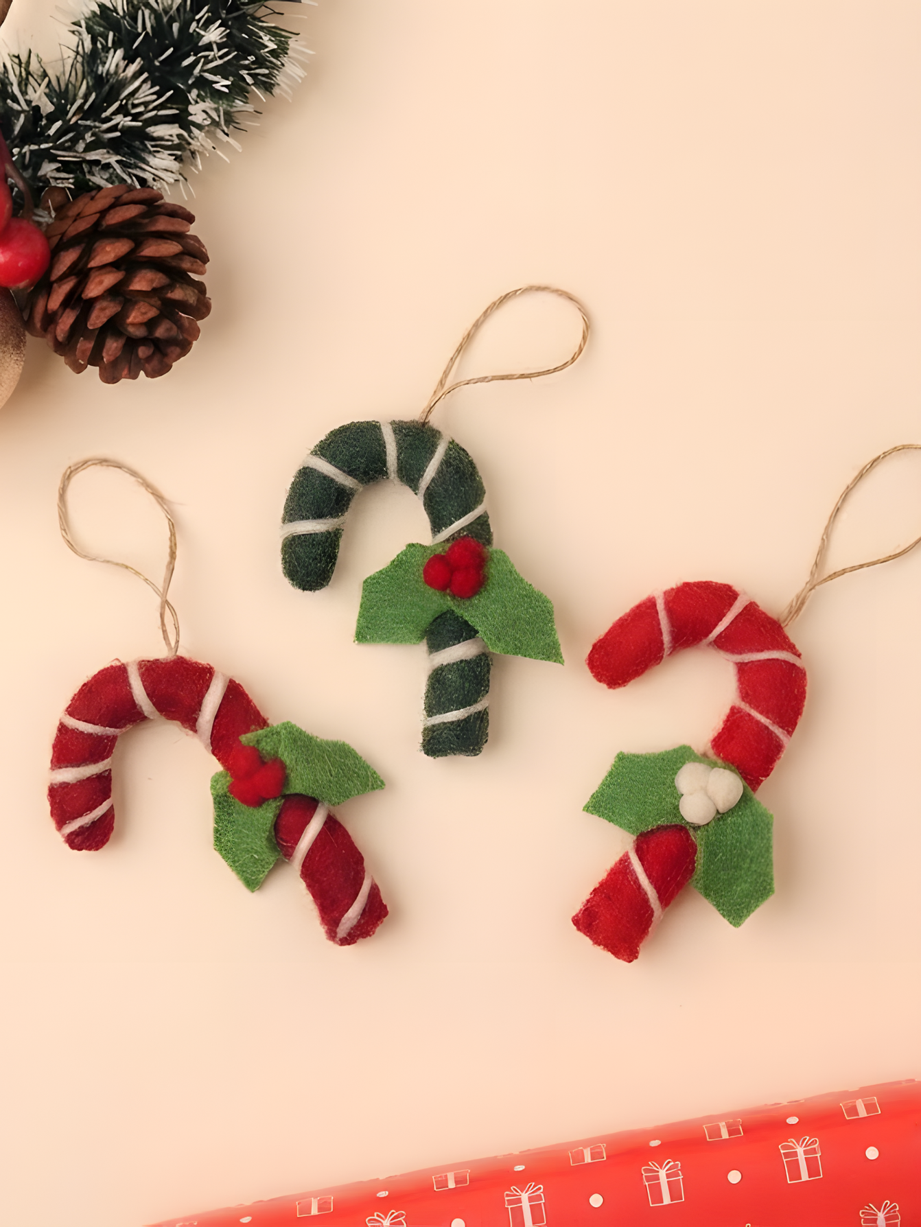 Felt Candy Cone Christmas Ornaments (Set of 3)