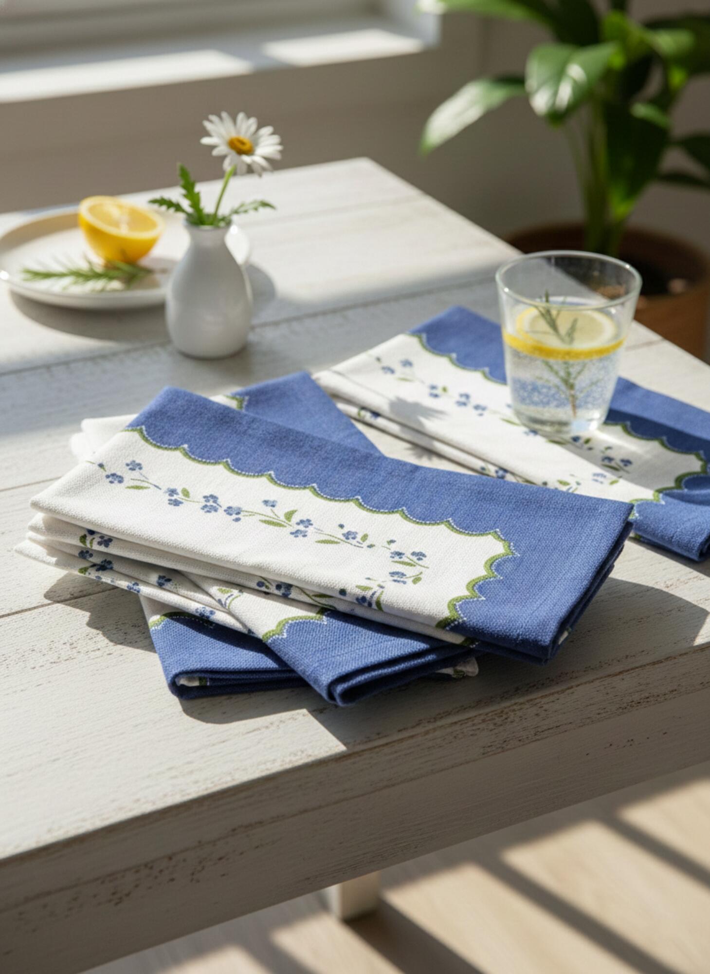 Blue Meadow Scallop Printed Cotton Napkins