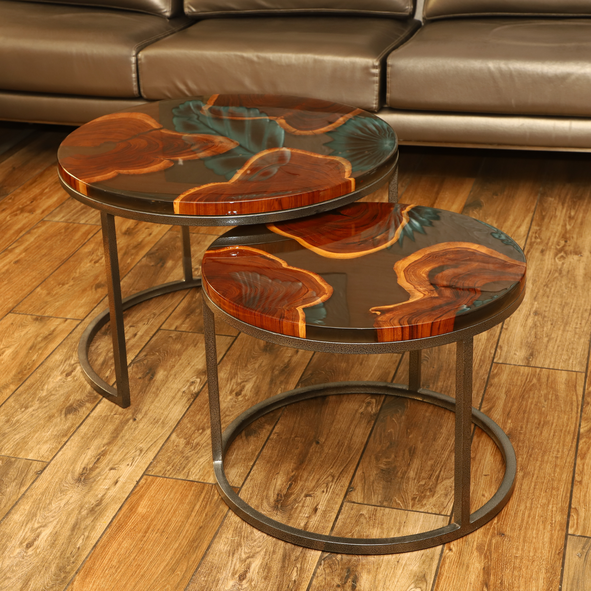 Nesting Table Set of 2 – Teak Wood with Round Grey